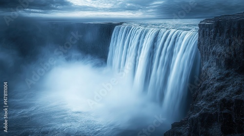 Dramatic view of a powerful waterfall cascading over a cliff face.
