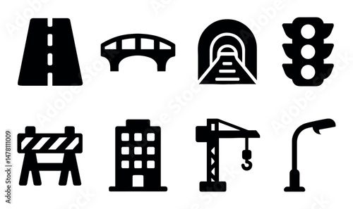 Urban infrastructure icons: road, bridge, tunnel, traffic light