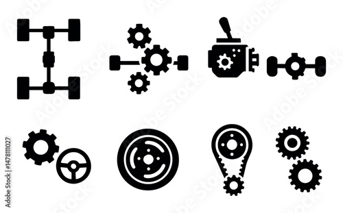 Automotive gear and transmission icons: wheels, gears, engines