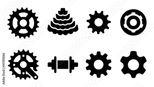 Collection of bicycle gear components and cogwheels silhouettes