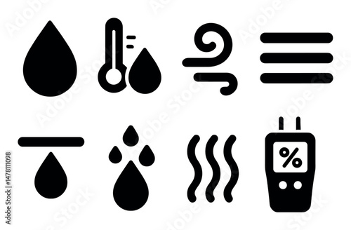 Humidity and temperature icons with measurement and airflow symbols