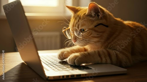 Ginger cat working on laptop indoor