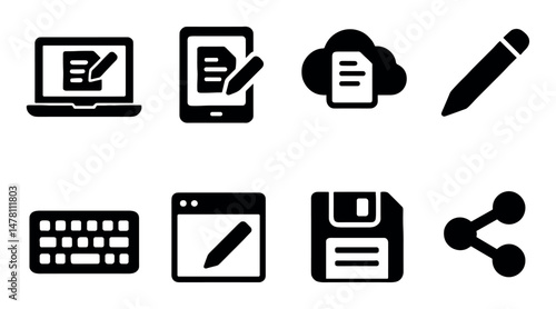 Set of digital writing and file sharing icons in black and white