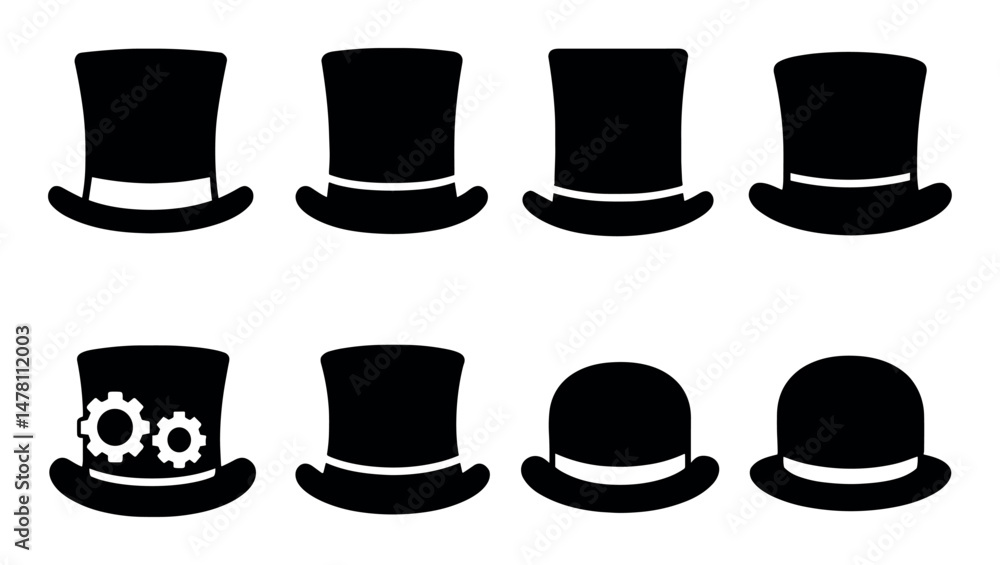Collection of various top hats and bowler hat silhouettes Collection of various top hats and bowler hat silhouettes
