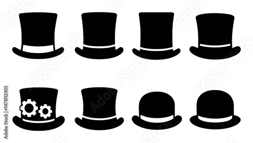 Collection of various top hats and bowler hat silhouettes