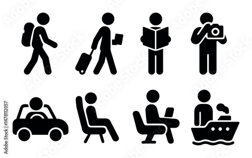 Travel icon set: backpack, camera, car, ship, and reading figures
