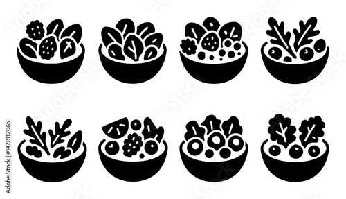 Silhouette icons of fresh veggie and fruit bowls in black and white