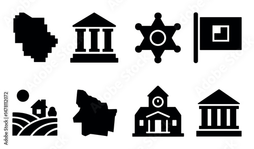 Set of eight black icons: buildings, flags, sheriff badge, map