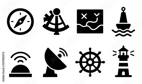 Navigation icons: compass, map, buoy, satellite, wheel, lighthouse