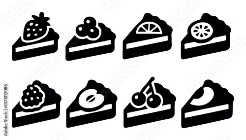Fruit topped pie icons featuring various slices and decorations