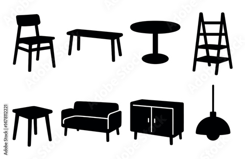 Furniture icons set – silhouette, solid, isolated chairs and tables collection