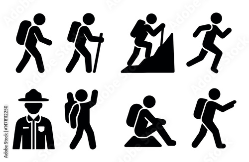 Hiking and outdoor activity icons in black silhouette design