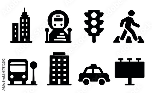 Urban transport icons set – solid, silhouette, isolated city travel symbols
