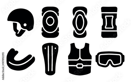 Safety gear icons: helmet, pads, vest, goggles for sport protection