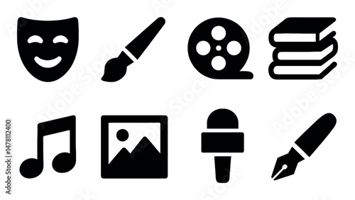 Icons representing art, literature, music, and entertainment themes