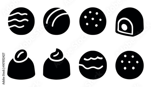 Assorted minimalist black silhouette icons of sweets and desserts