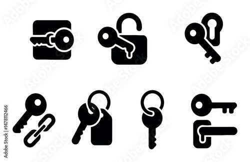Black key icons set featuring locks and keychains on white background