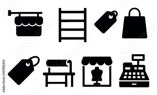 Retail icon set: price tags, shopping bags, and storefronts
