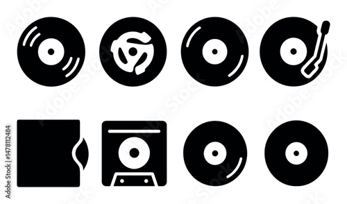 Retro vinyl record icons collection in classic black and white style