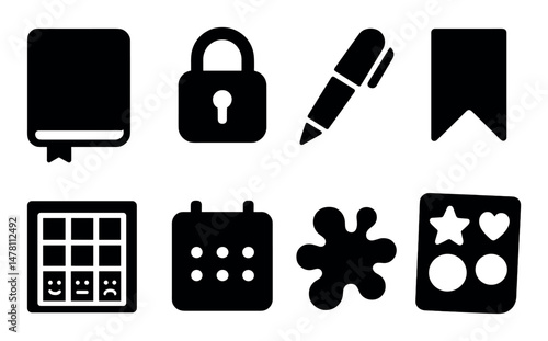 Set of eight black silhouette icons for office and school supplies