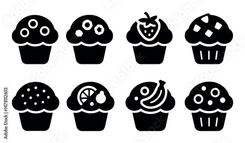 Illustration of eight varied cupcake icons with toppings
