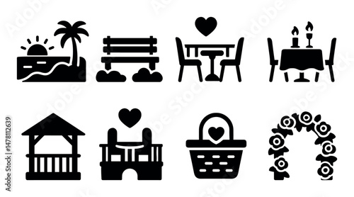 Love and romance icons set – solid, filled, isolated passion and wedding symbols