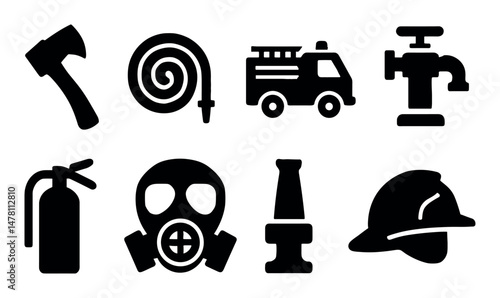 Firefighting equipment icons: axe, hose, truck, mask, helmet