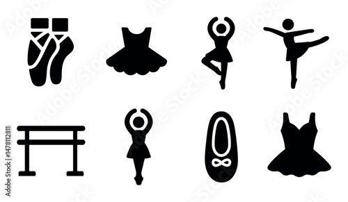 Ballet icons set – silhouette, solid, isolated dance and performance symbols