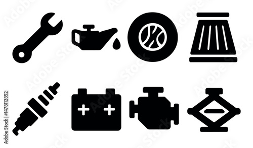 Essential car maintenance icons: tools, fluids, battery, engine