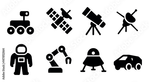 Space exploration icons: rover, satellite, telescope, astronaut, more