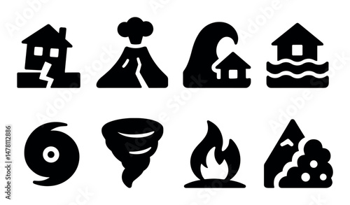 Icon set representing natural disasters and catastrophic events