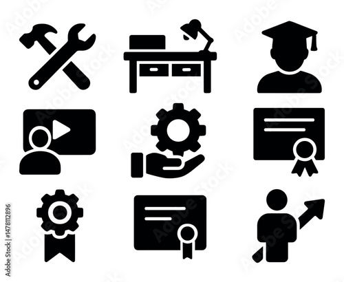 Education icon set – solid, silhouette, isolated learning and academic symbols