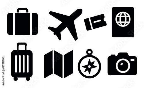 Travel icons: airplane, luggage, passport, map, compass, camera