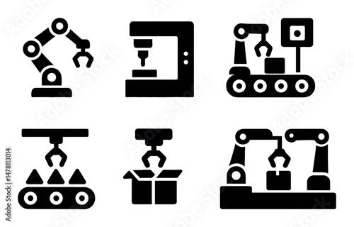 Industrial robotics icons: automation equipment and conveyor systems