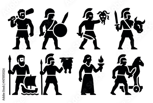 Ancient greek warriors and mythical figures silhouette set