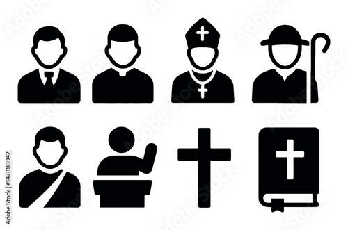 Religious symbols and figures: priest, bishop, cross, bible icons