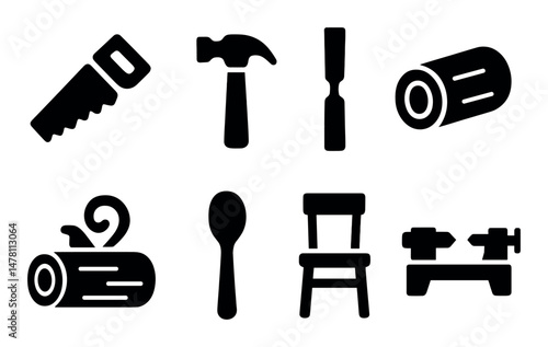 Black silhouette icons of woodworking and carpentry tools