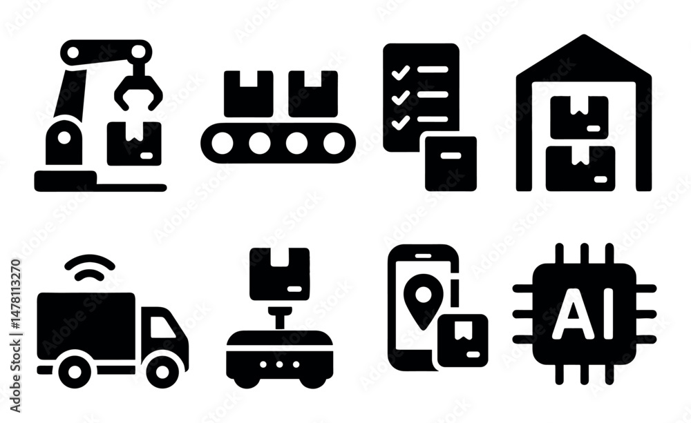 Automated logistics and ai technology icons for smart warehousing Automated logistics and ai technology icons for smart warehousing