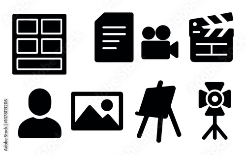 Black silhouettes of film and art related icons on white background