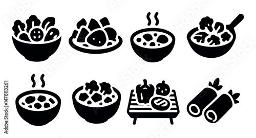 Black and white icons of bowls, grills, and wraps - simplistic design