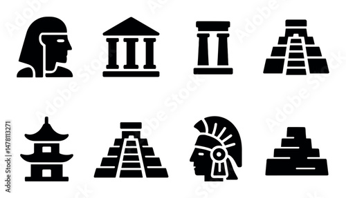 Ancient architecture icons: pyramids, temples, pagodas, historic