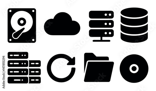 Data storage icons: hard drive, cloud, server, database, folder, cd