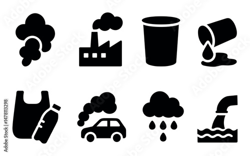 Pollution icon set: factory, water, plastic waste, rain cloud