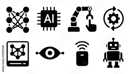 Artificial intelligence and robotics icons set in black silhouette