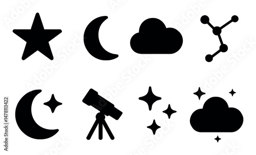 Celestial icons: stars, moon, cloud, constellations, telescope