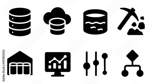 Data icons: server, cloud, mining, analysis, control tools overview