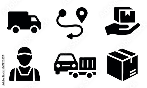 Delivery icons: truck, route, package, worker, loading, box