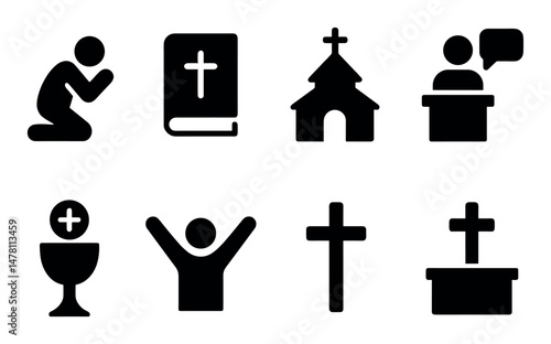 Christian symbols: prayer, church, bible, cross, pulpit icons