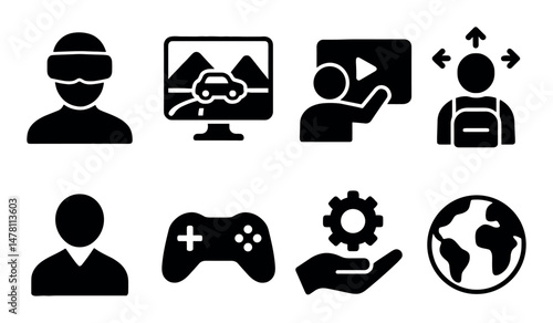 Virtual experience icons: gaming, education, travel, global interaction