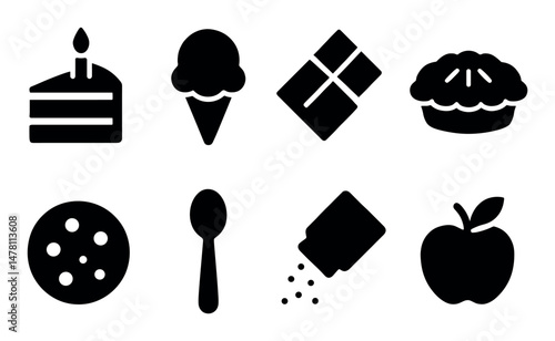 Dessert and sweets icons set – solid, filled, silhouette confectionary symbols